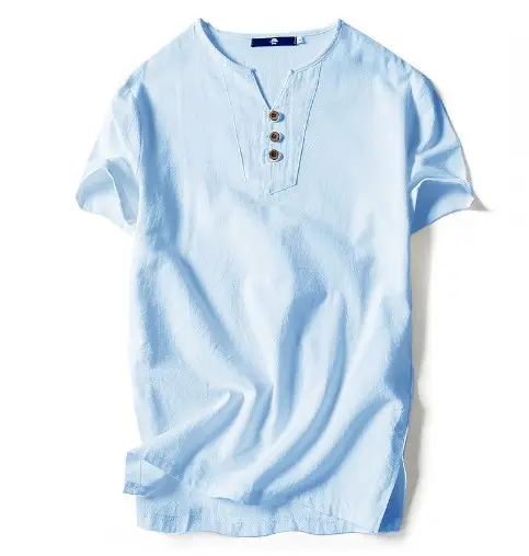 2022 Japanese Linen Men's Navy Blue T-Shirt with Button Front - Image 11