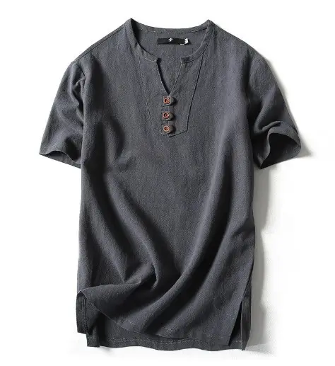 2022 Japanese Linen Men's Navy Blue T-Shirt with Button Front - Image 12