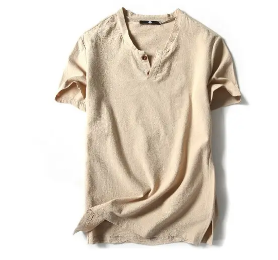 2022 Japanese Linen Men's Navy Blue T-Shirt with Button Front - Image 2