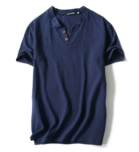 2022 Japanese Linen Men's Navy Blue T-Shirt with Button Front - Image 3