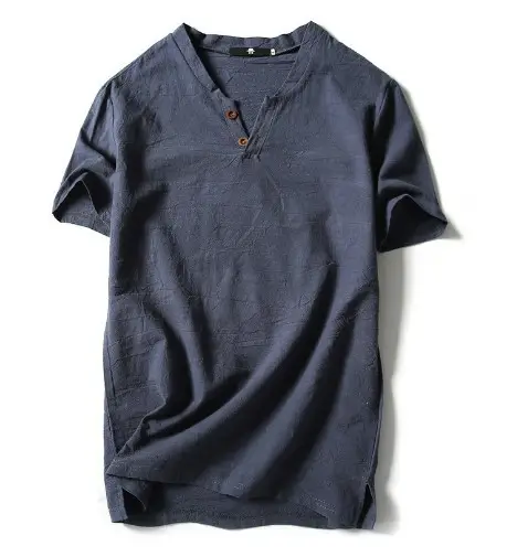 2022 Japanese Linen Men's Navy Blue T-Shirt with Button Front - Image 4