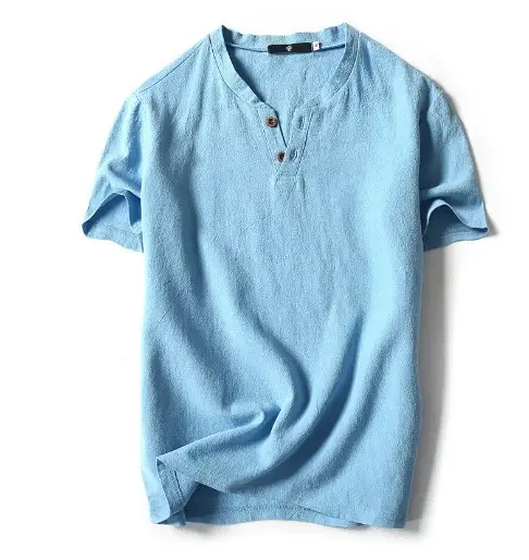 2022 Japanese Linen Men's Navy Blue T-Shirt with Button Front - Image 5
