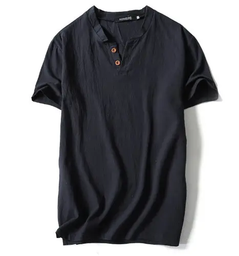 2022 Japanese Linen Men's Navy Blue T-Shirt with Button Front - Image 6