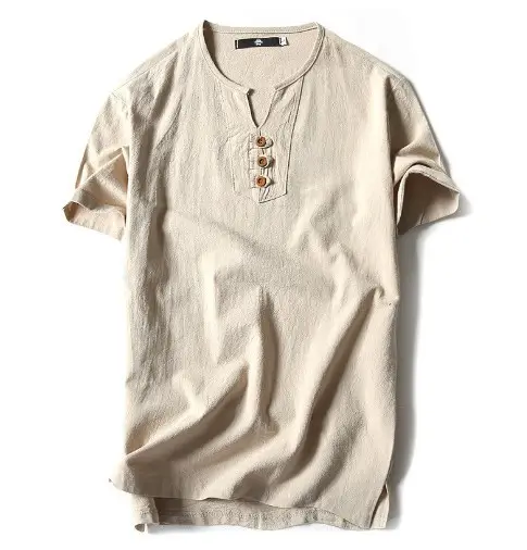 2022 Japanese Linen Men's Navy Blue T-Shirt with Button Front - Image 8