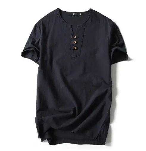2022 Japanese Linen Men's Navy Blue T-Shirt with Button Front - Image 9