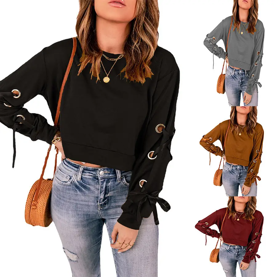 Long Sleeve Round Neck T-Shirt for Women Solid Color