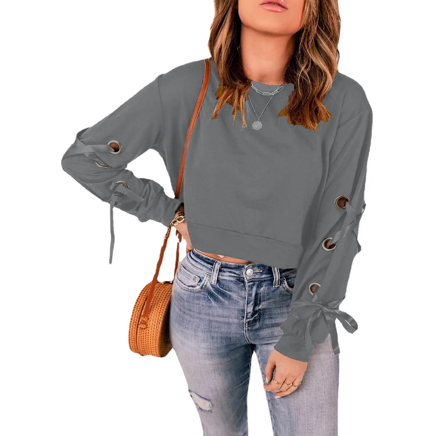 Long Sleeve Round Neck T-Shirt for Women Solid Color