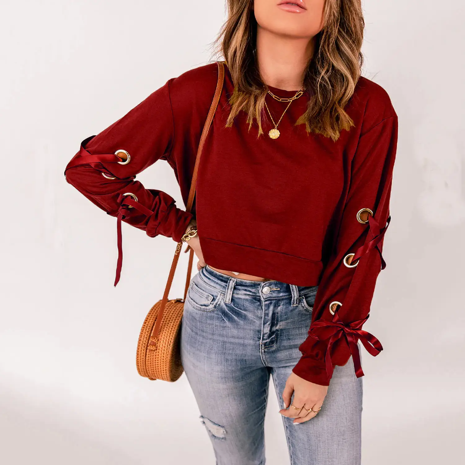 Long Sleeve Round Neck T-Shirt for Women Solid Color