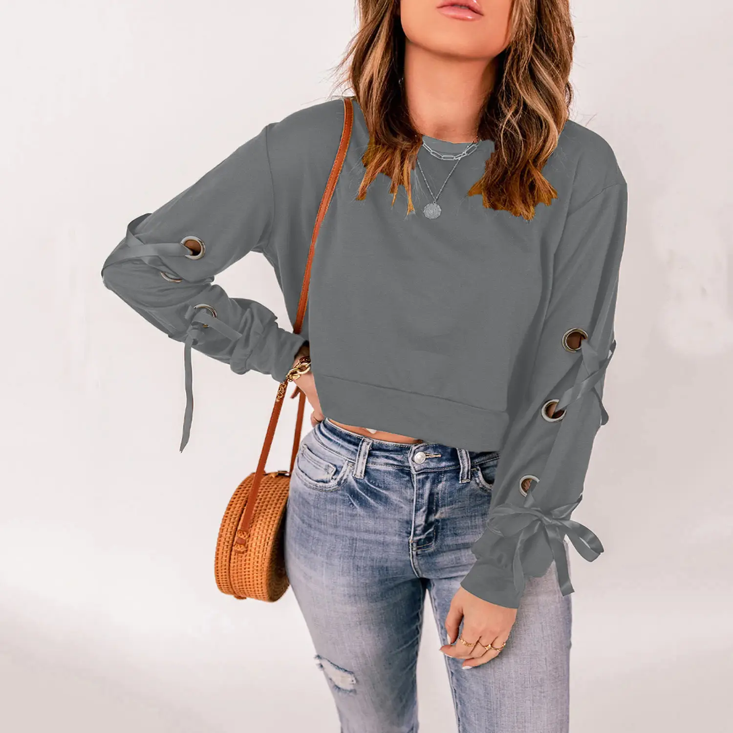 Long Sleeve Round Neck T-Shirt for Women Solid Color
