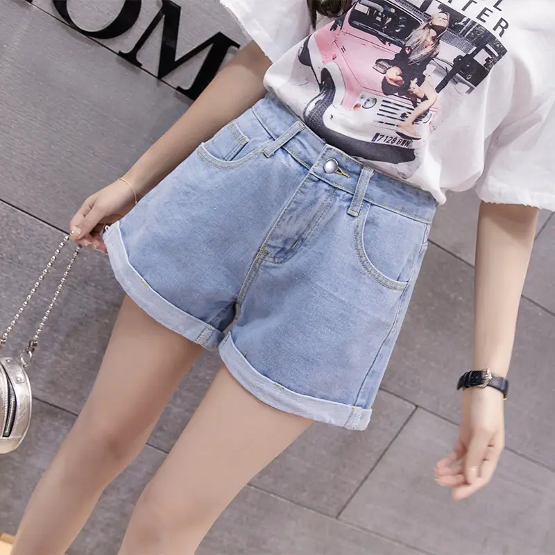 Women Denim Shorts High Waist Wide Leg Curled Black - Image 2