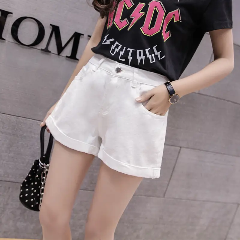 Women Denim Shorts High Waist Wide Leg Curled Black - Image 4
