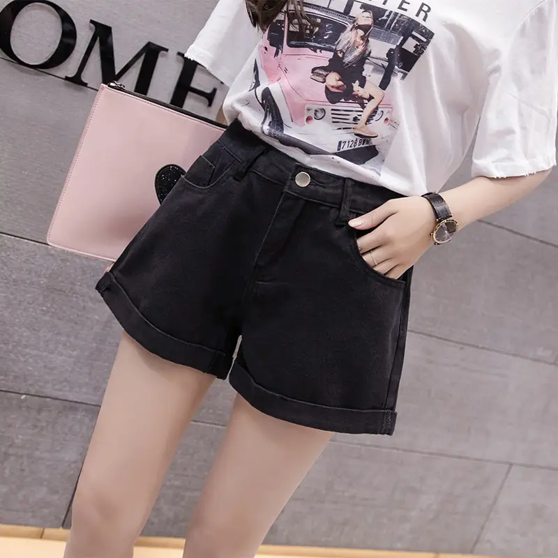 Women Denim Shorts High Waist Wide Leg Curled Black - Image 5