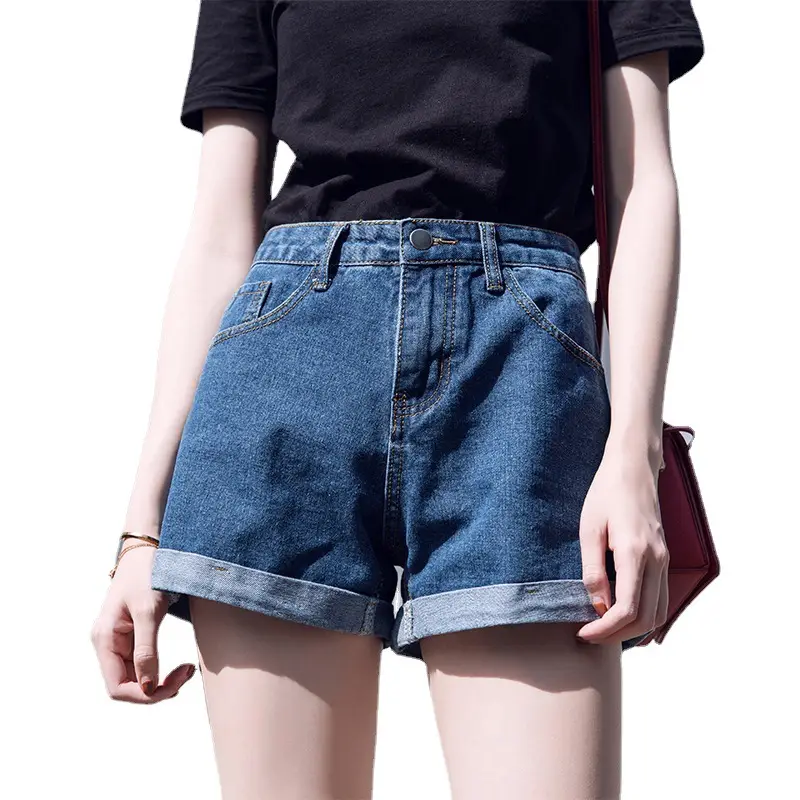 Women Denim Shorts High Waist Wide Leg Curled Black - Image 6