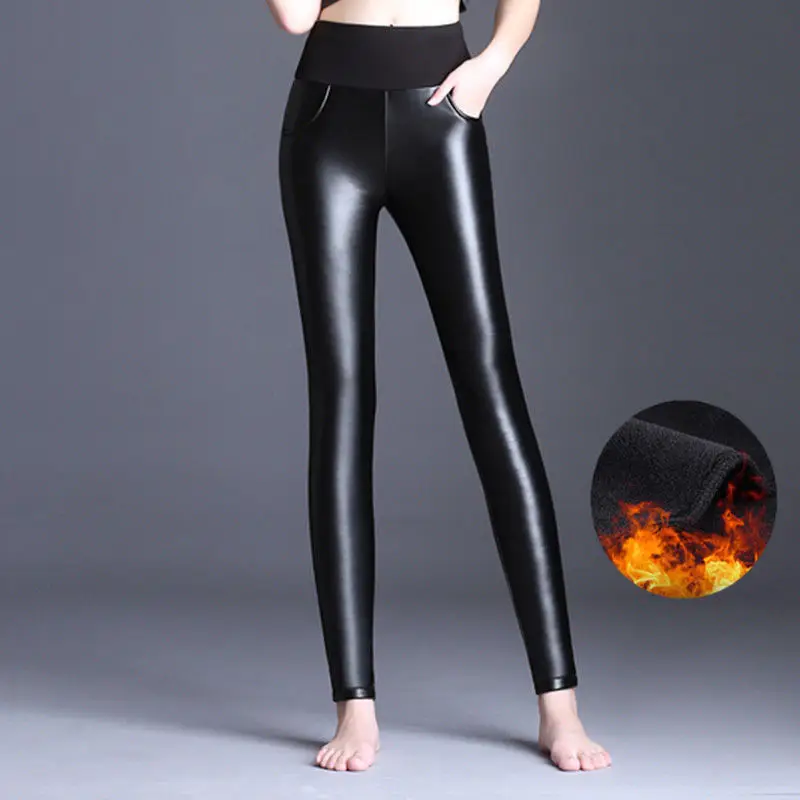 Women Slim Fit Black PU Leather Leggings Heat Insulated - Image 2
