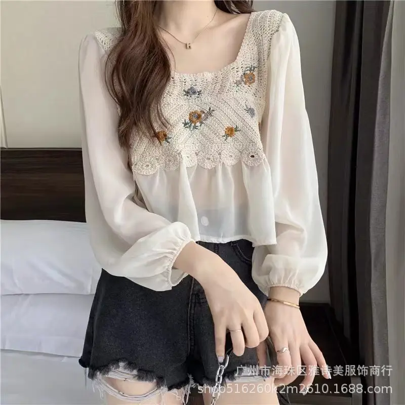 Elegant Embroidered Chiffon Shirt Women Square Collar - Image 8
