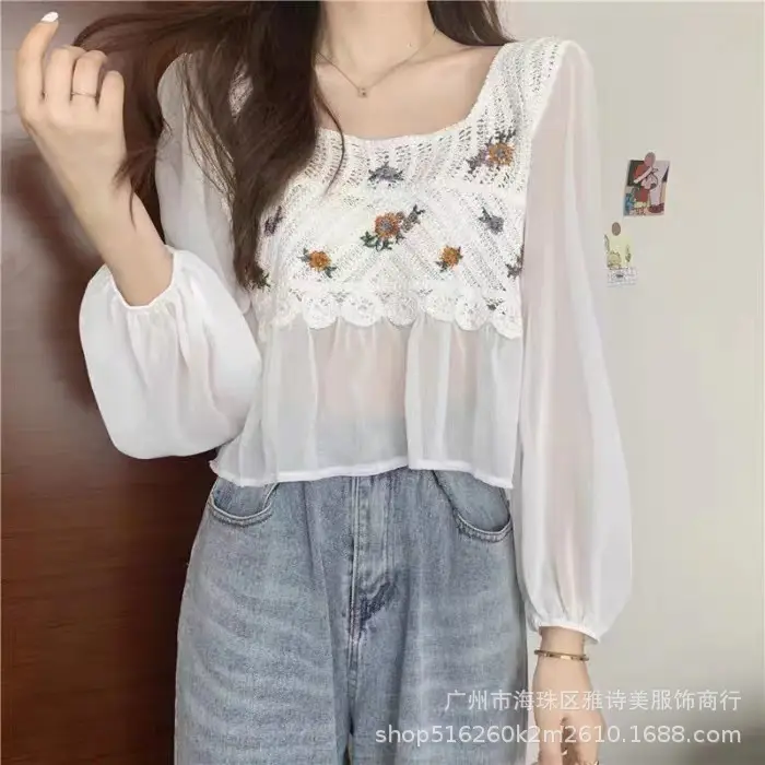 Elegant Embroidered Chiffon Shirt Women Square Collar - Image 9