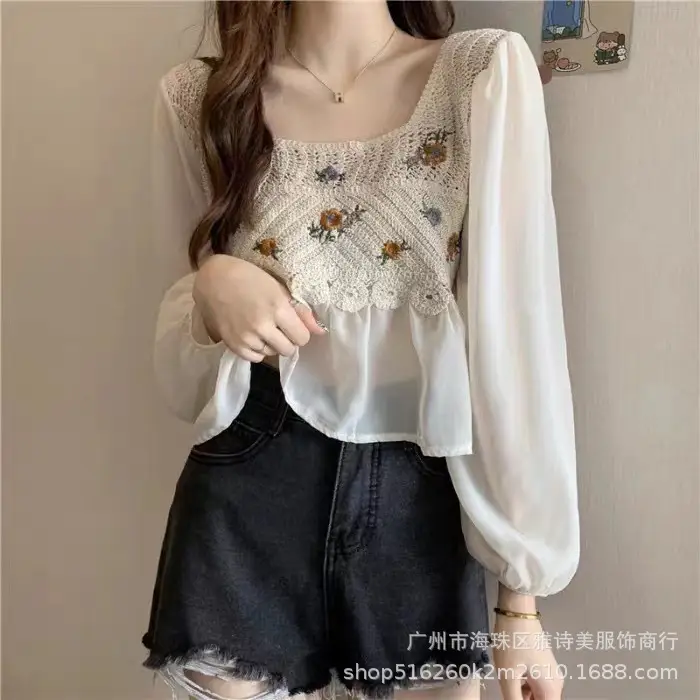 Elegant Embroidered Chiffon Shirt Women Square Collar - Image 10