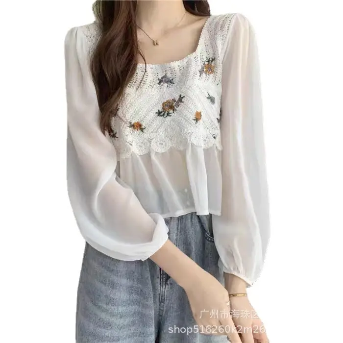 Elegant Embroidered Chiffon Shirt Women Square Collar - Image 11