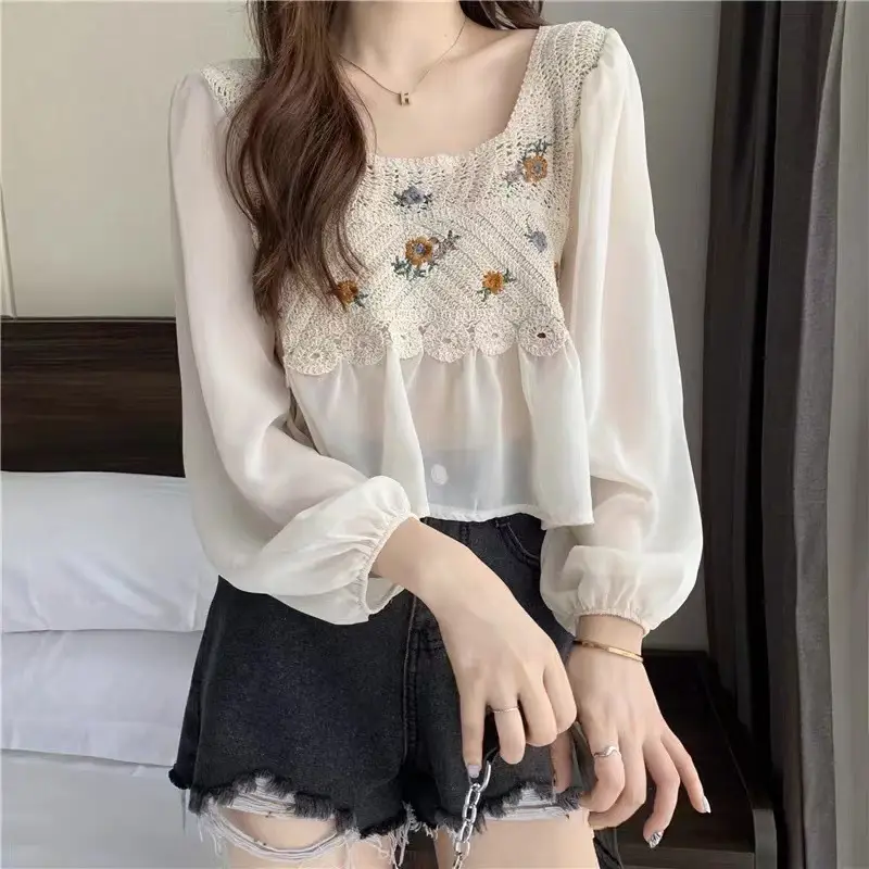 Elegant Embroidered Chiffon Shirt Women Square Collar - Image 2