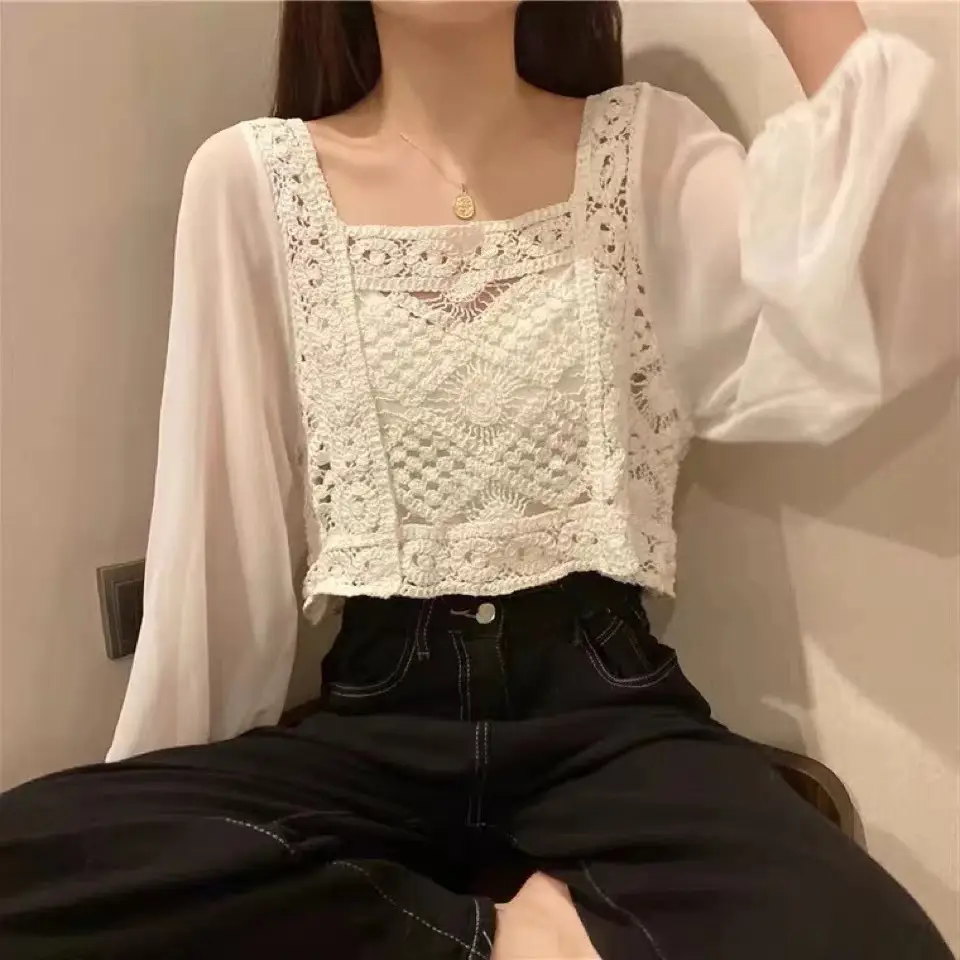 Elegant Embroidered Chiffon Shirt Women Square Collar - Image 5