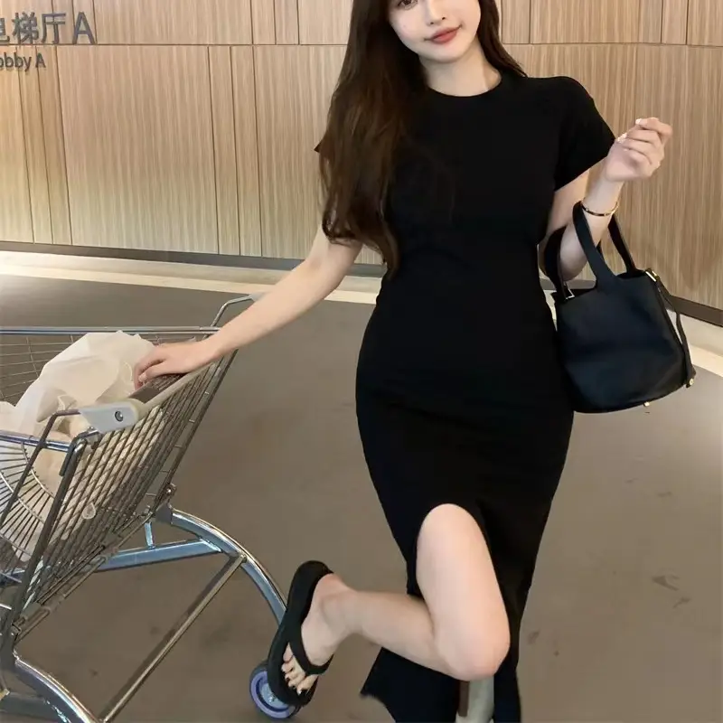 Women Black Split Knee-length Dress Summer 2025 - Image 3