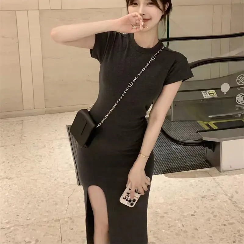 Women Black Split Knee-length Dress Summer 2025 - Image 6