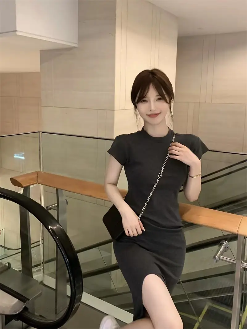 Women Black Split Knee-length Dress Summer 2025 — feature 10