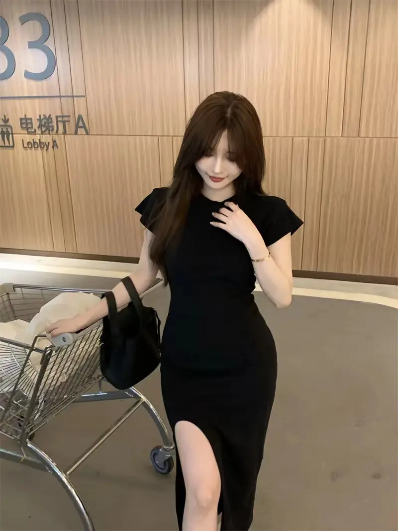 Women Black Split Knee-length Dress Summer 2025 — feature 11