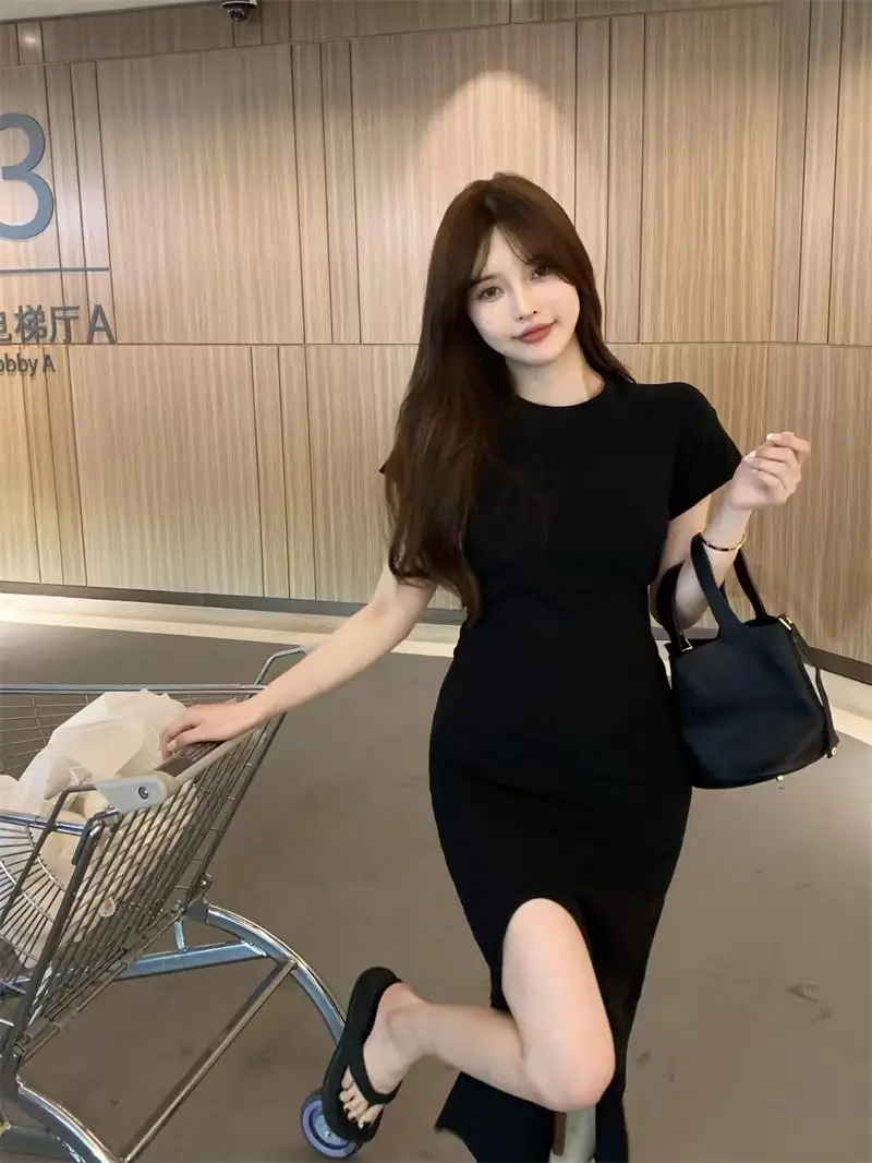 Women Black Split Knee-length Dress Summer 2025 — feature 12