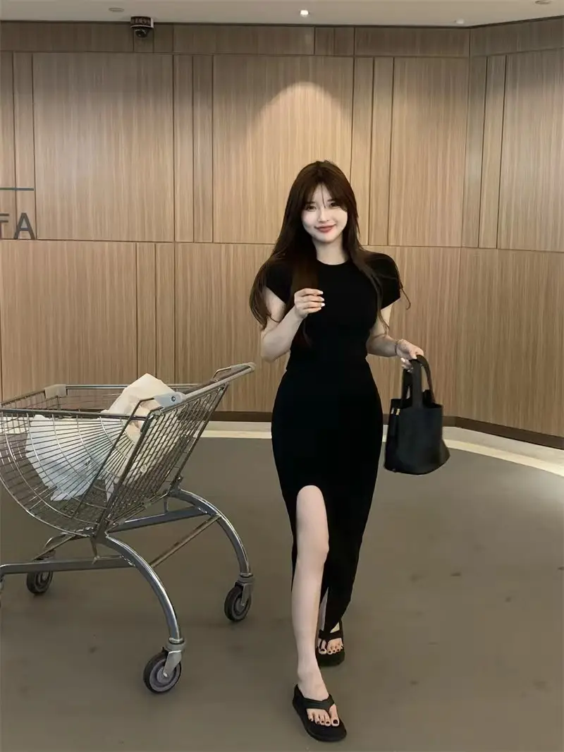 Women Black Split Knee-length Dress Summer 2025 — feature 13