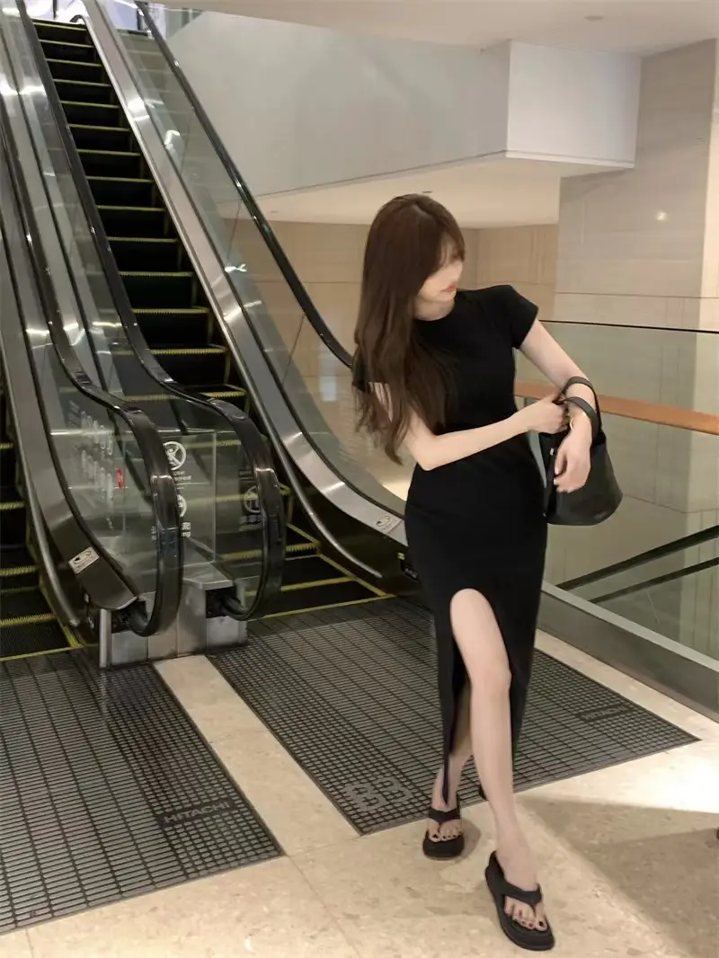 Women Black Split Knee-length Dress Summer 2025 — feature 14