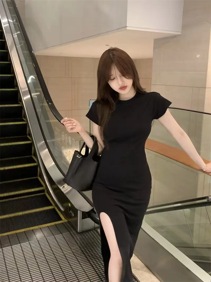 Women Black Split Knee-length Dress Summer 2025 — feature 15