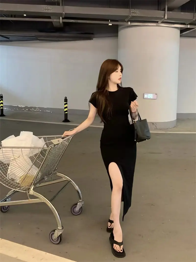 Women Black Split Knee-length Dress Summer 2025 — feature 16