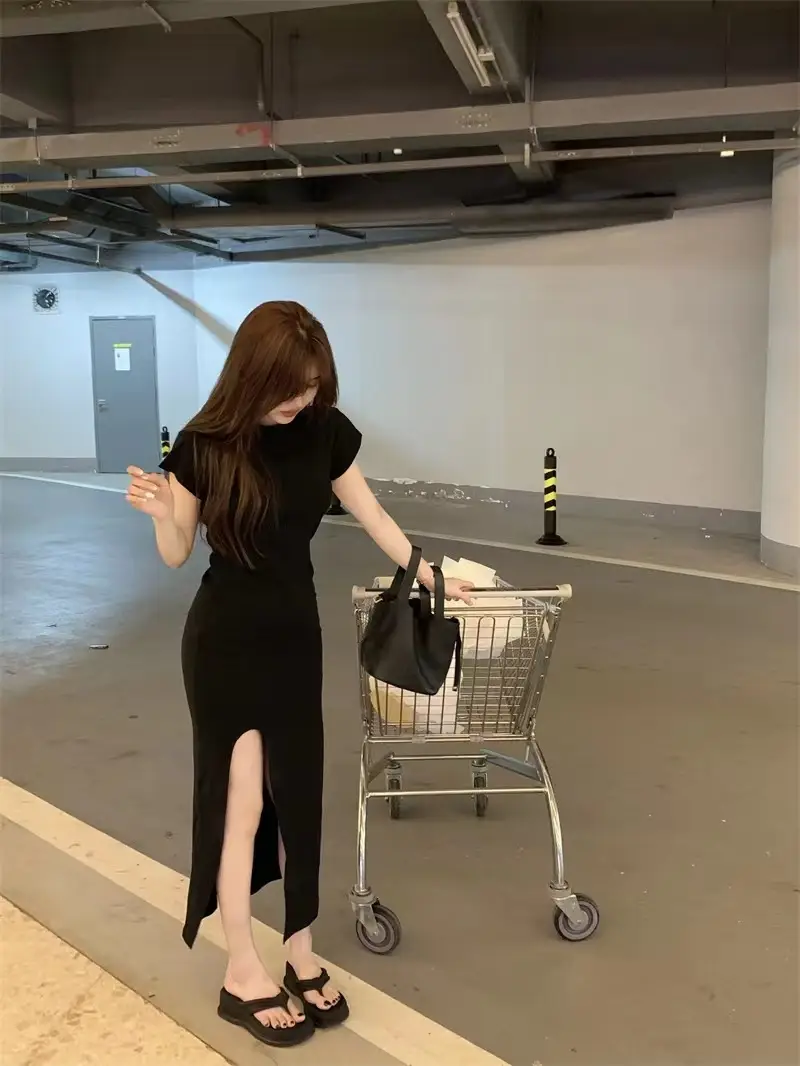 Women Black Split Knee-length Dress Summer 2025 — feature 17