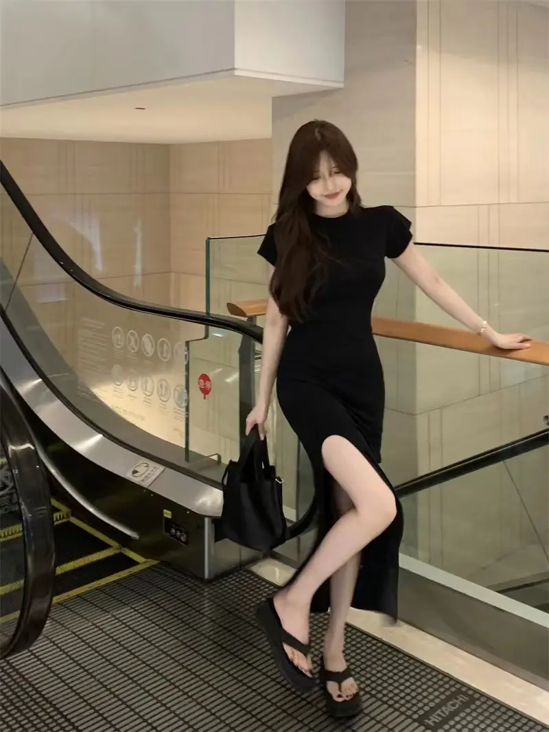 Women Black Split Knee-length Dress Summer 2025 — feature 3
