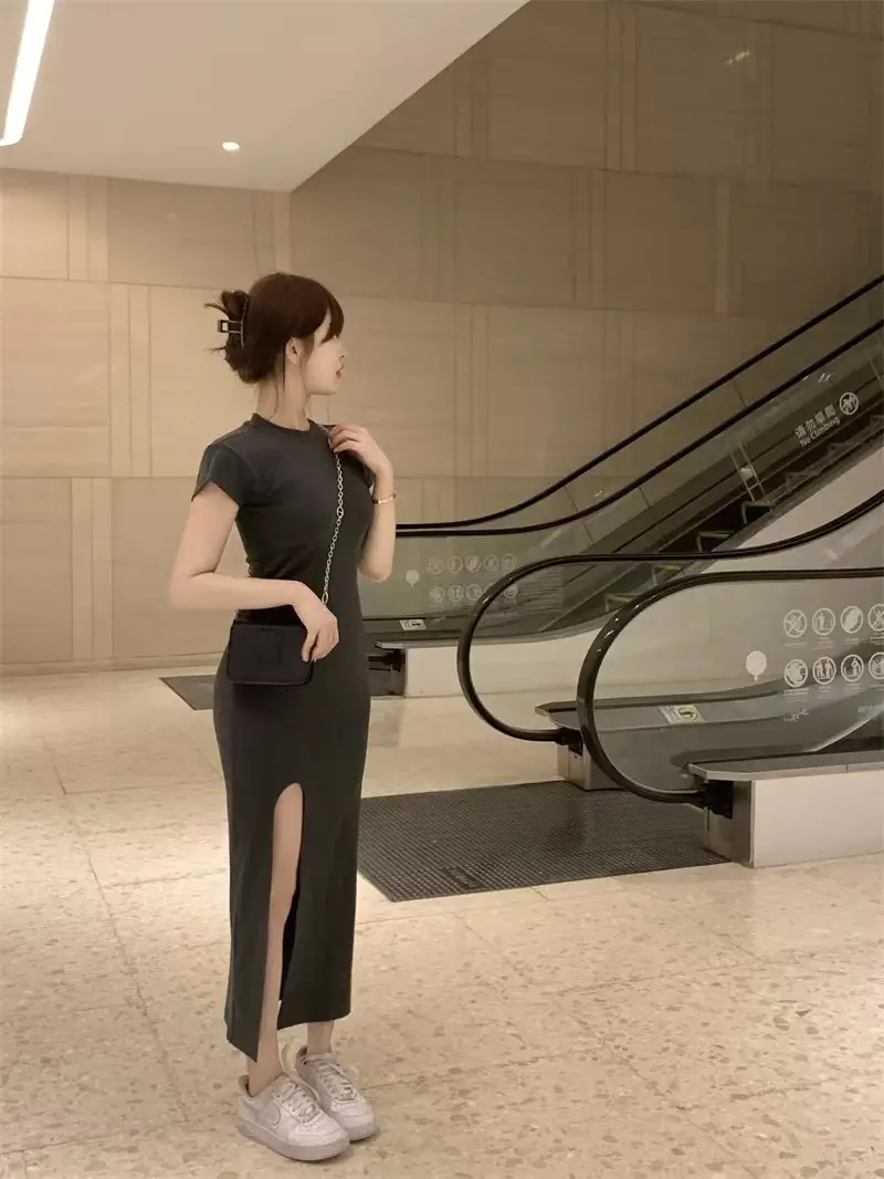 Women Black Split Knee-length Dress Summer 2025 — feature 4