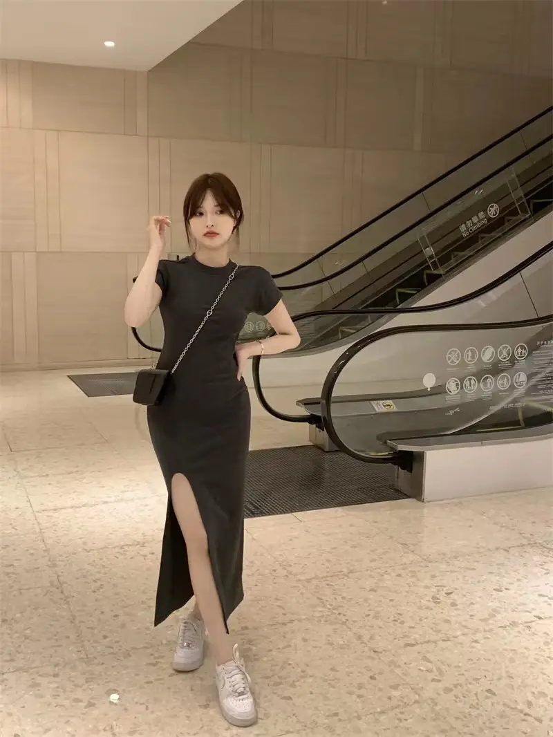 Women Black Split Knee-length Dress Summer 2025 — feature 6