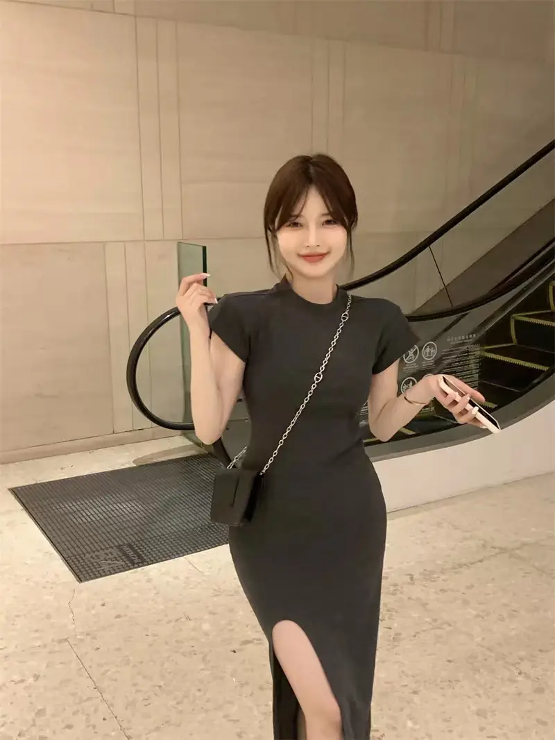 Women Black Split Knee-length Dress Summer 2025 — feature 7