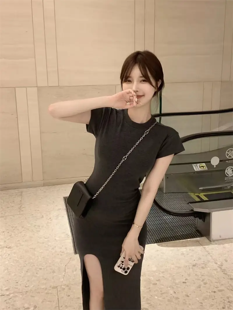 Women Black Split Knee-length Dress Summer 2025 — feature 8