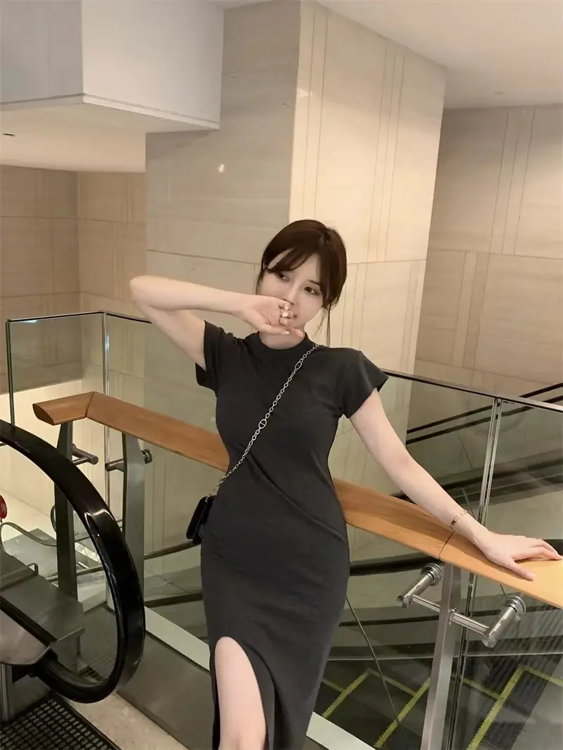 Women Black Split Knee-length Dress Summer 2025 — feature 9