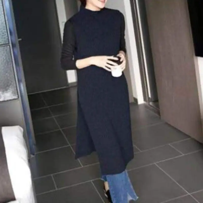 New Women's Knitted Pullover Vest Mid-Length Half Collar Split Outer Sweater Vest - Image 4