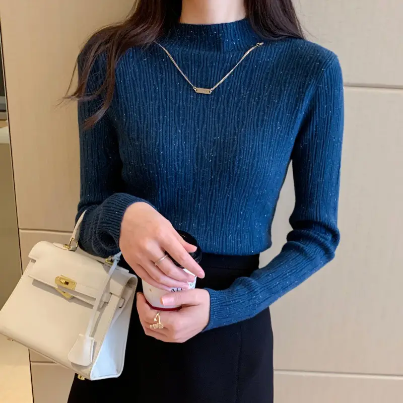 Women Blue Knitted Half-High Collar Sweater Shirt - Image 6