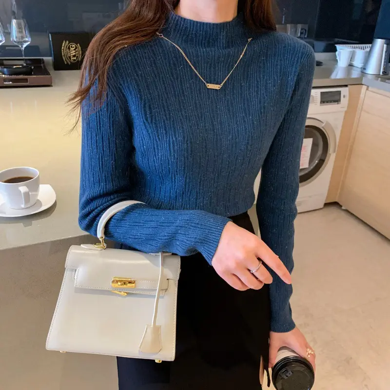 Women Blue Knitted Half-High Collar Sweater Shirt - Image 8