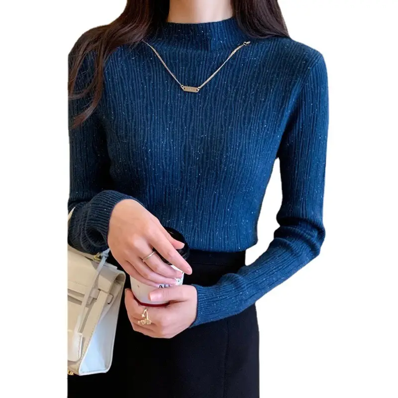 Women Blue Knitted Half-High Collar Sweater Shirt - Image 9