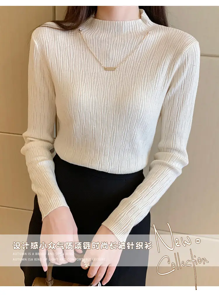 Women Blue Knitted Half-High Collar Sweater Shirt — feature 1