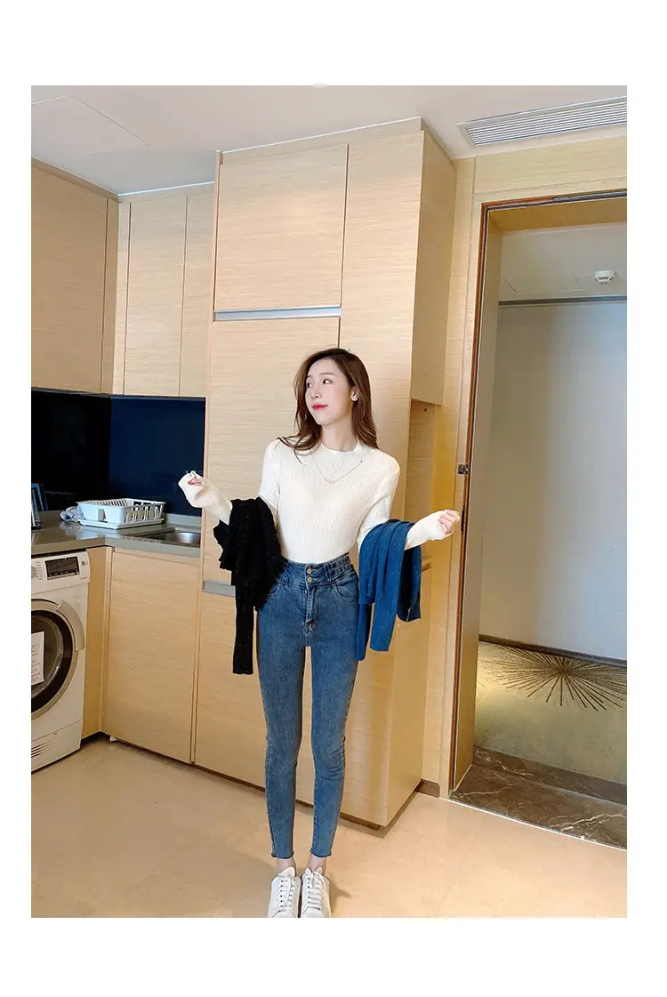 Women Blue Knitted Half-High Collar Sweater Shirt — feature 11