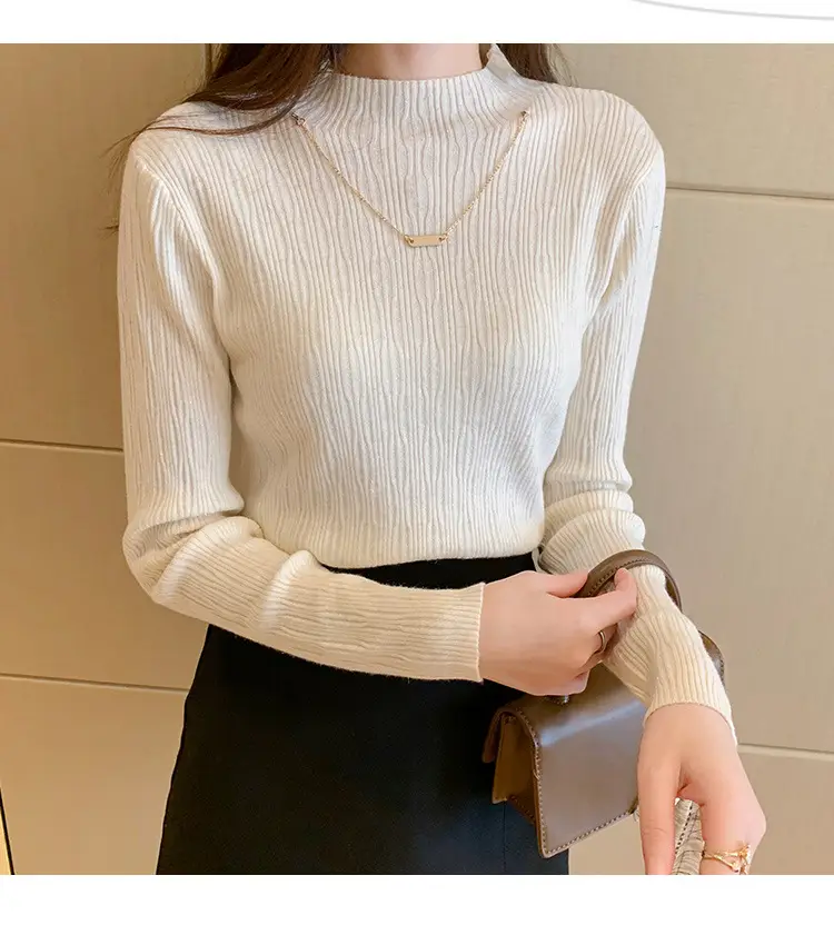 Women Blue Knitted Half-High Collar Sweater Shirt — feature 12