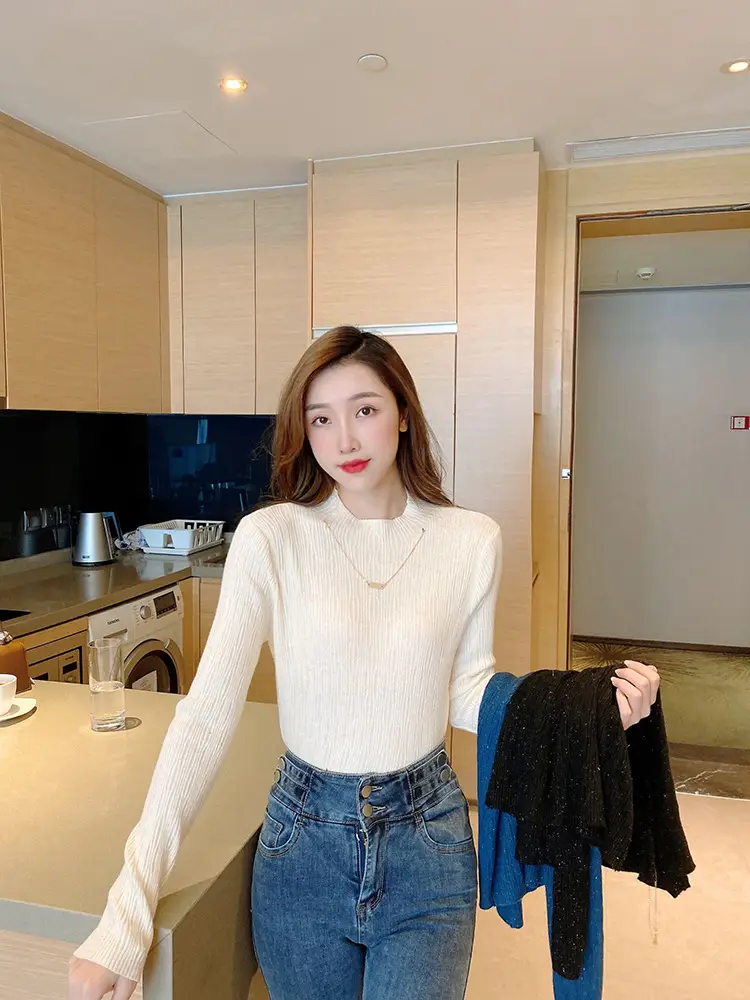 Women Blue Knitted Half-High Collar Sweater Shirt — feature 13