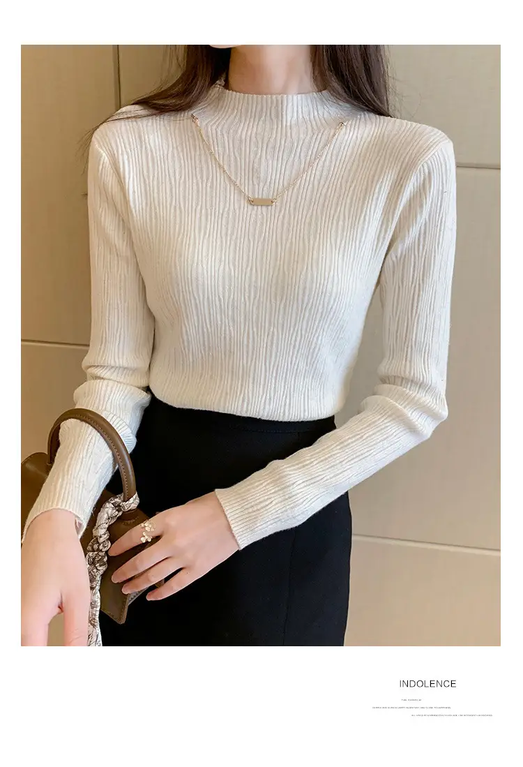 Women Blue Knitted Half-High Collar Sweater Shirt — feature 14