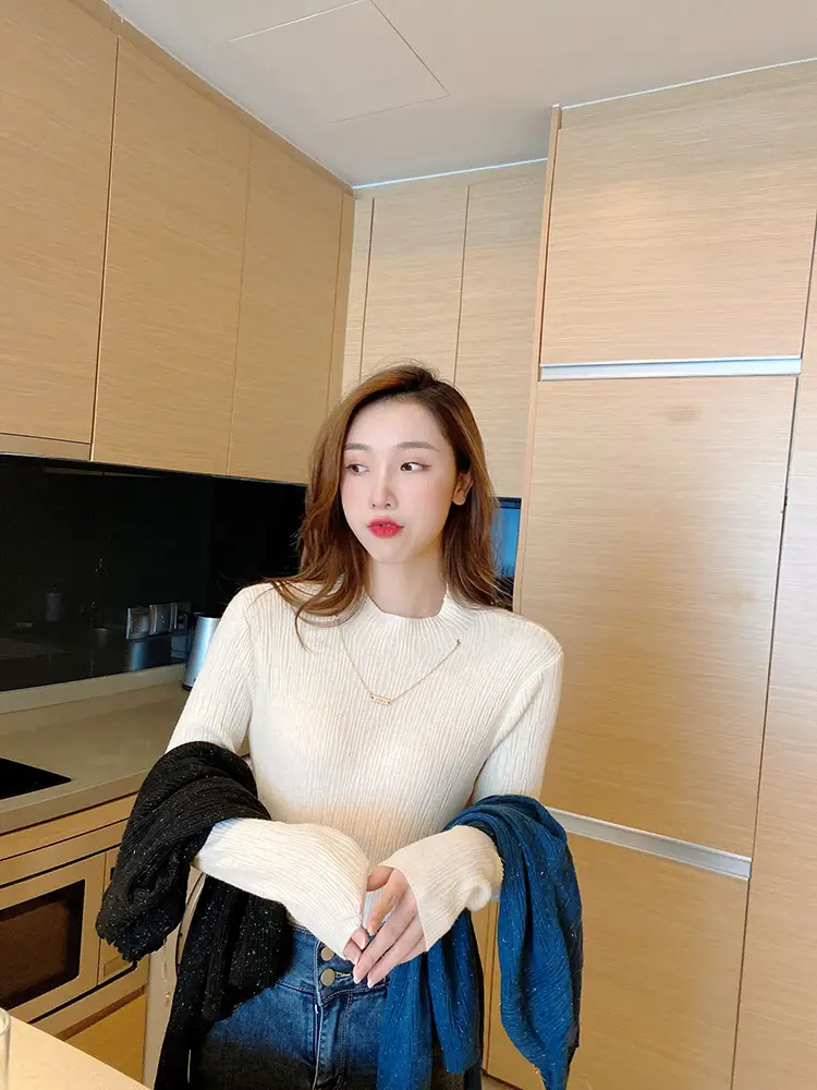 Women Blue Knitted Half-High Collar Sweater Shirt — feature 15